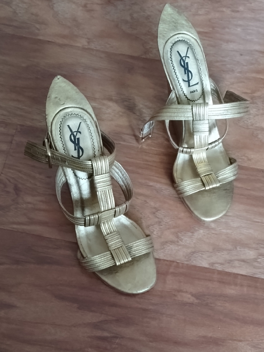 Yves Saint Laurent Metallic Gold Strappy Pointed-Toe Heels